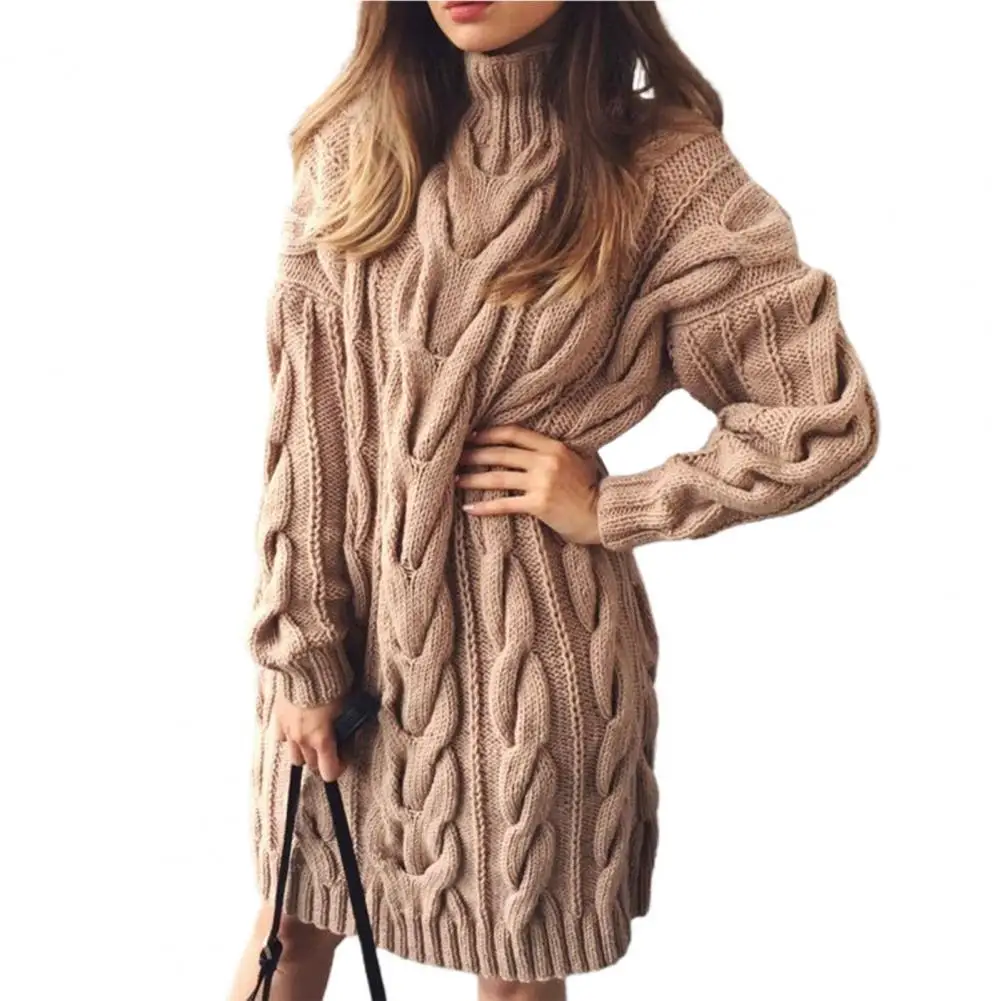 Lady Sweater Dress Solid Color Warm  High Collar Twisted Long Sleeve Dresses Knitted Pullovers Sweaters for Work